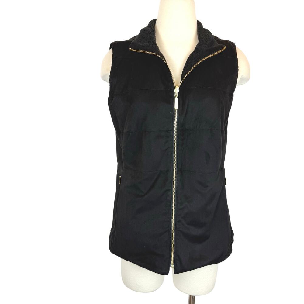 Lilly Pulitzer Skyden Reversible Vest Sherpa and Faux Suede Full Zip Black L NWT